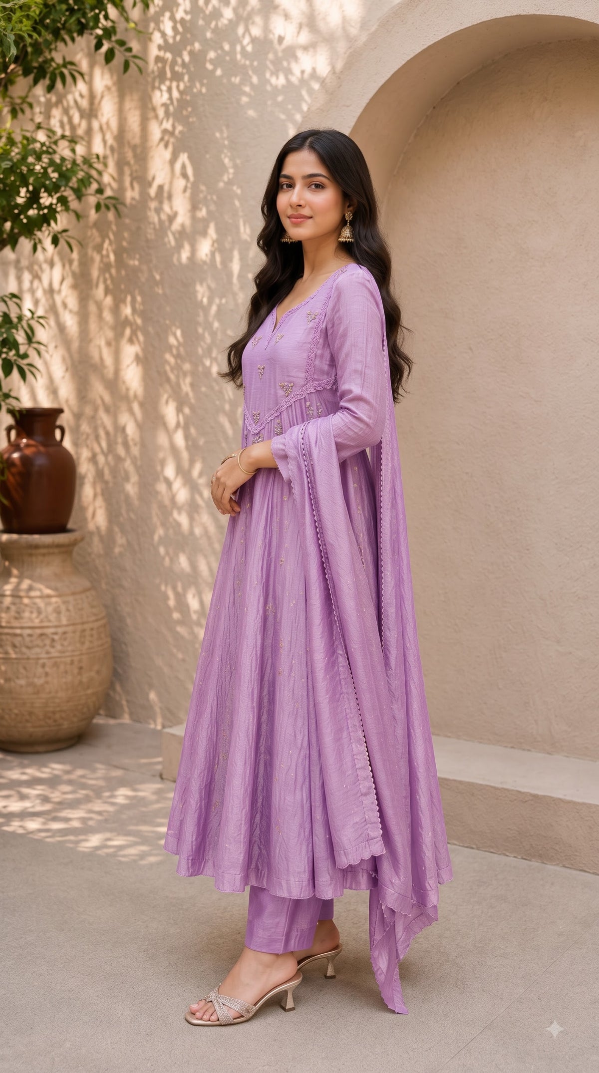 Lavender Chanderi Embroidered Anarkali Suit