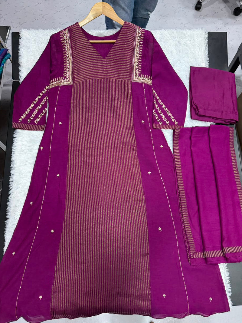 Women's Premium Deep Purple Embroidered Straight Kurta Set with Dupatta