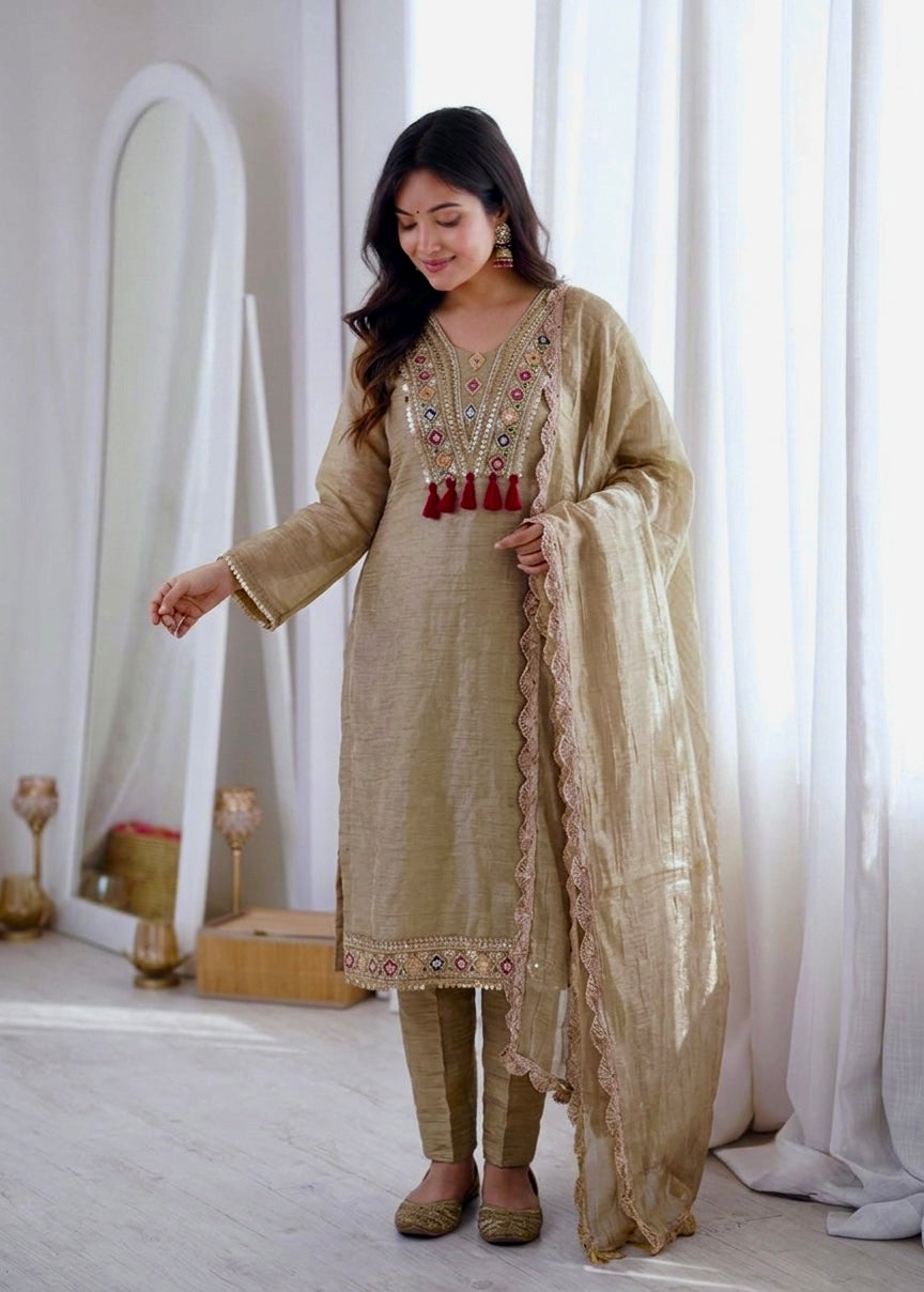 Radiant Olive Elegance: Embroidered Chanderi Kurta Set with Dupatta