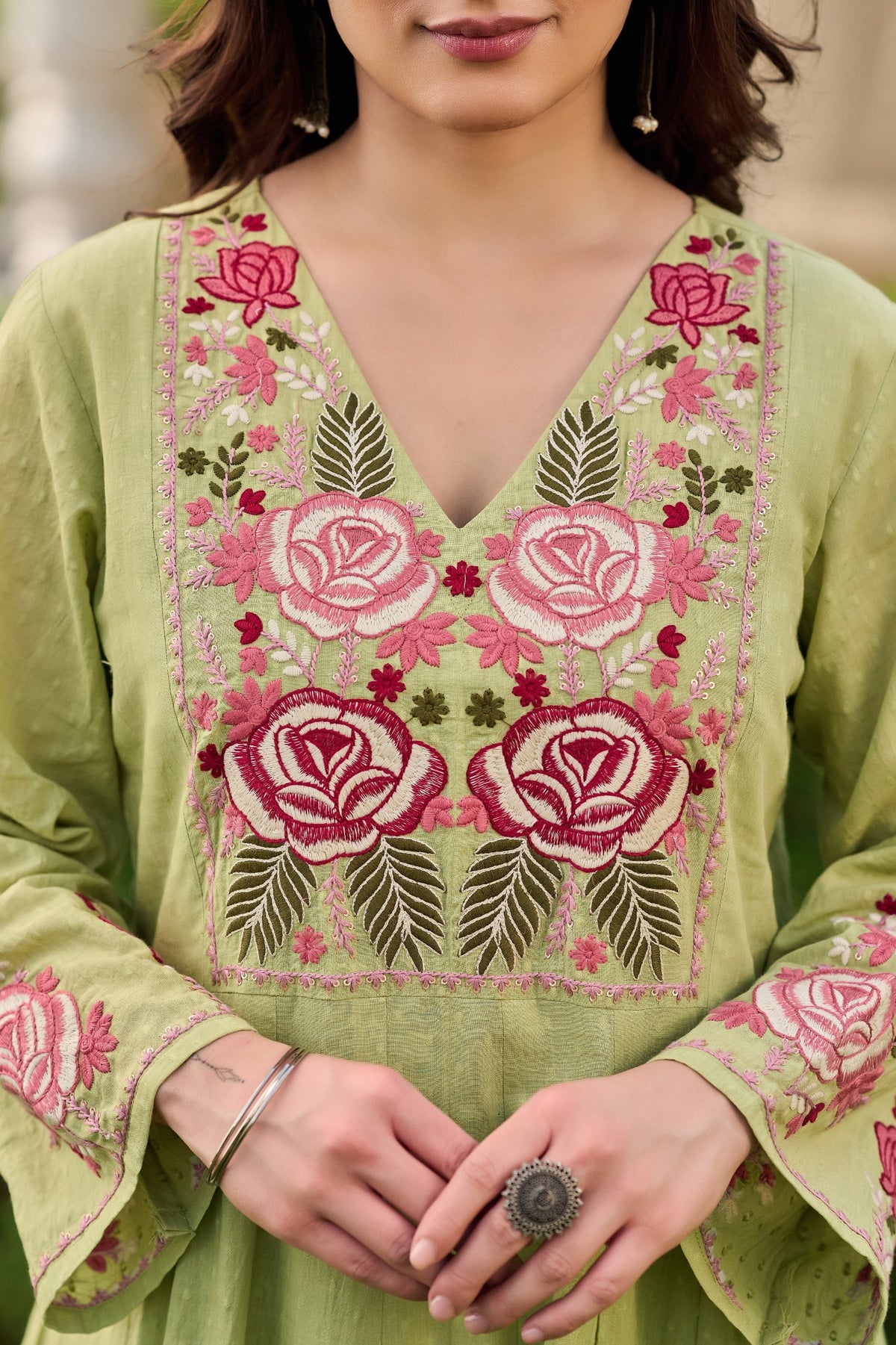 Elegant Sage Green Embroidered Anarkali Kurta Set with Dupatta (3-Piece Set)