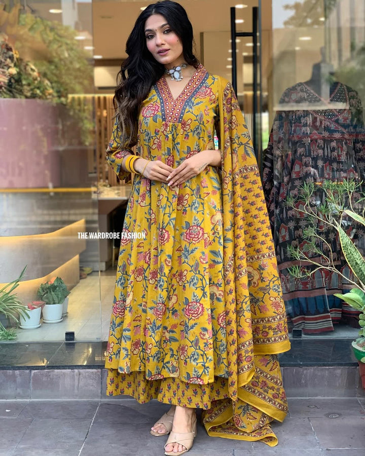 Printed Cotton Anarkali Kurta & Pant With Dupatta Set