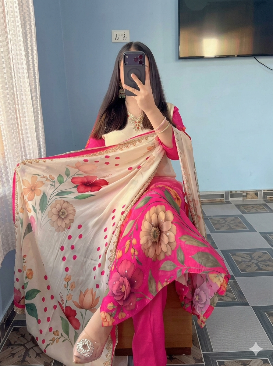 Pink Ombre Floral Print Ethnic Kurta Pant Dupatta Set