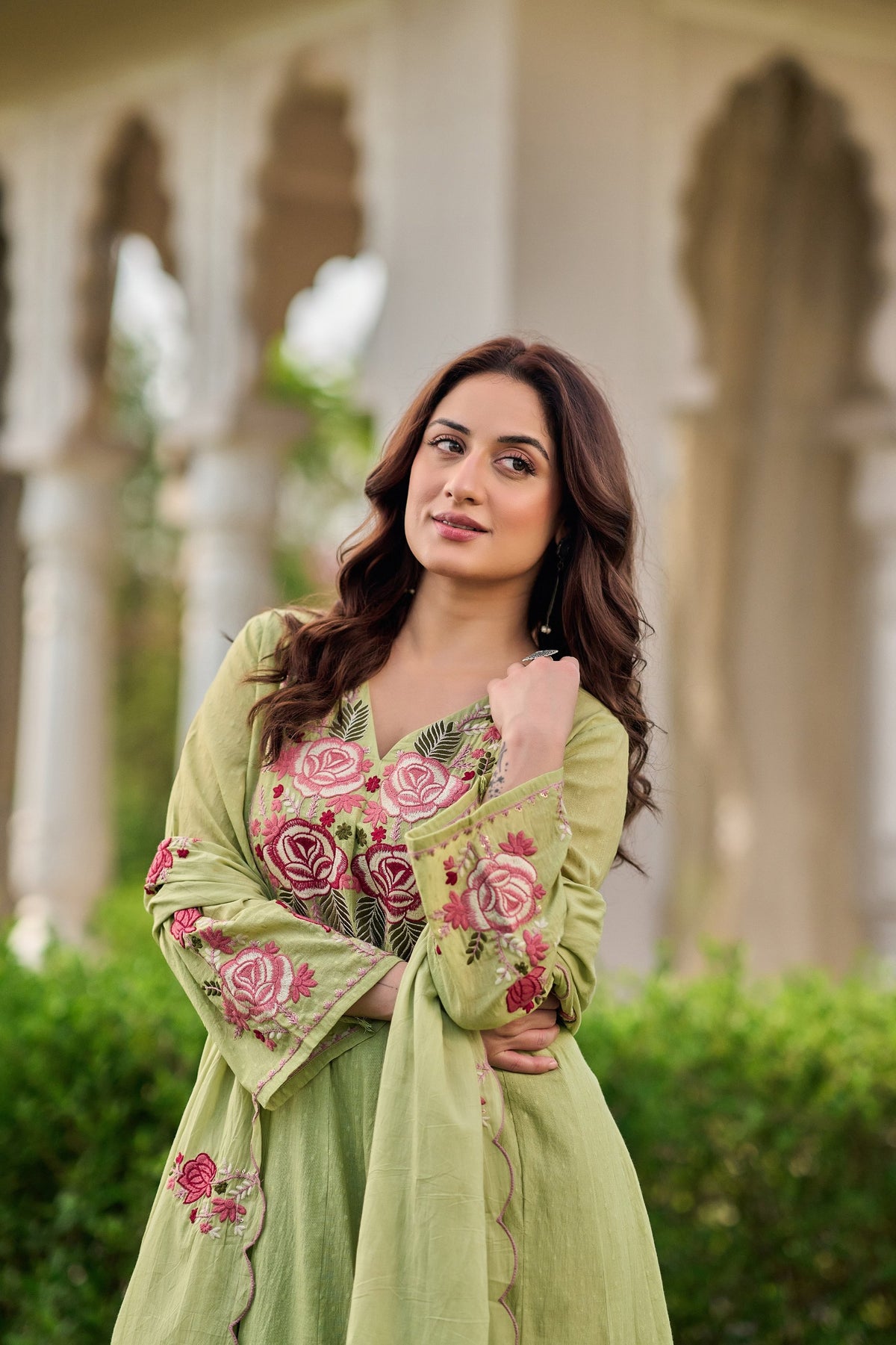 Elegant Sage Green Embroidered Anarkali Kurta Set with Dupatta (3-Piece Set)