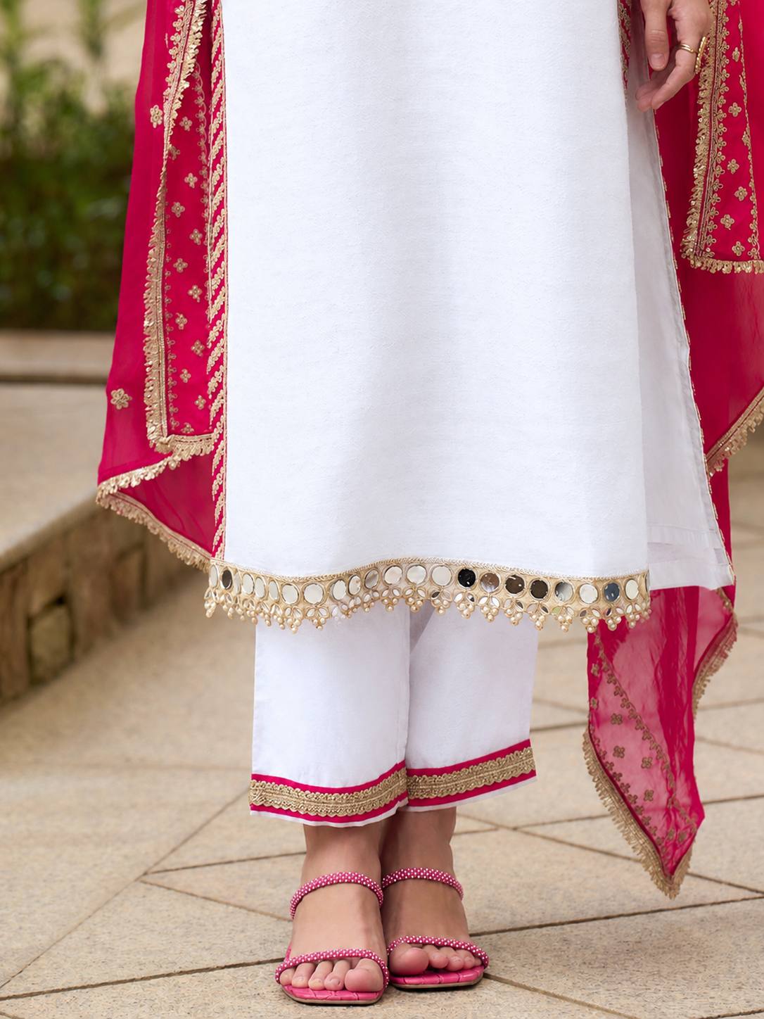 Elegant White Chinon Kurta Pant Set with Rani Pink Embroidered Dupatta – 3-Piece Festive Co-ord Set