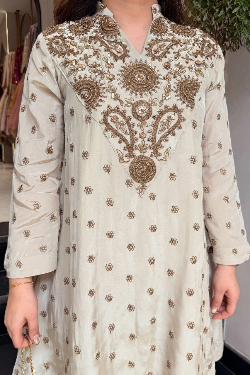 Intricate Gold Embroidered Short Kurta & Palazzo Ensemble