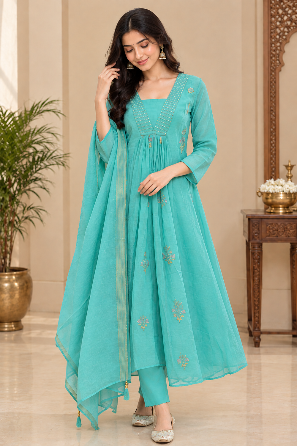 Elara Aqua Royale Anarkali Suit Set