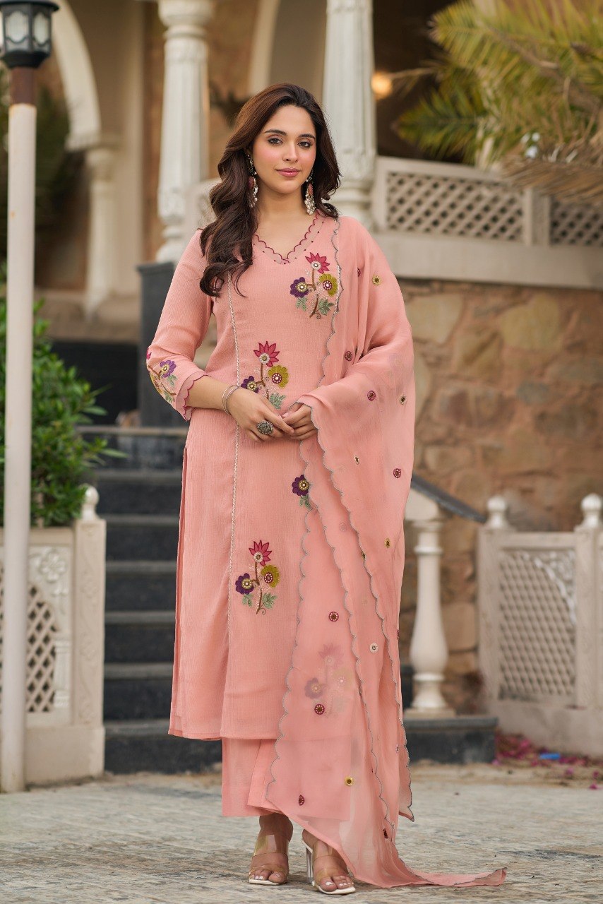 Elegant Peach Blush Floral Embroidered Kurta Set with Dupatta