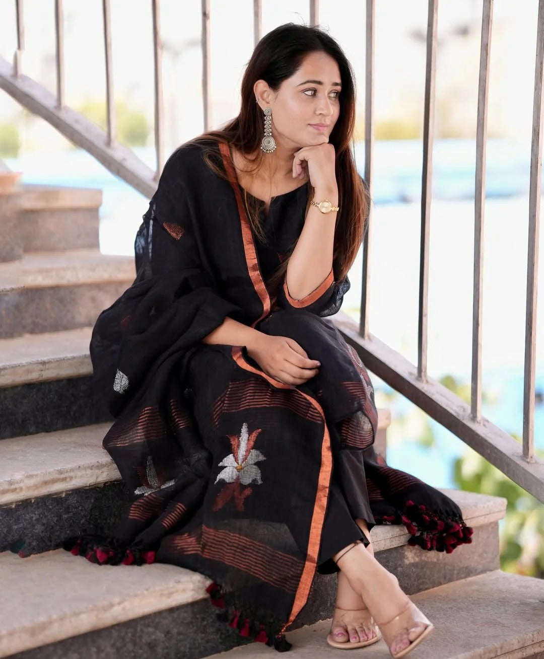 Elegant Black Handwoven Linen Jamdani Kurta Pant Set with Matching Dupatta