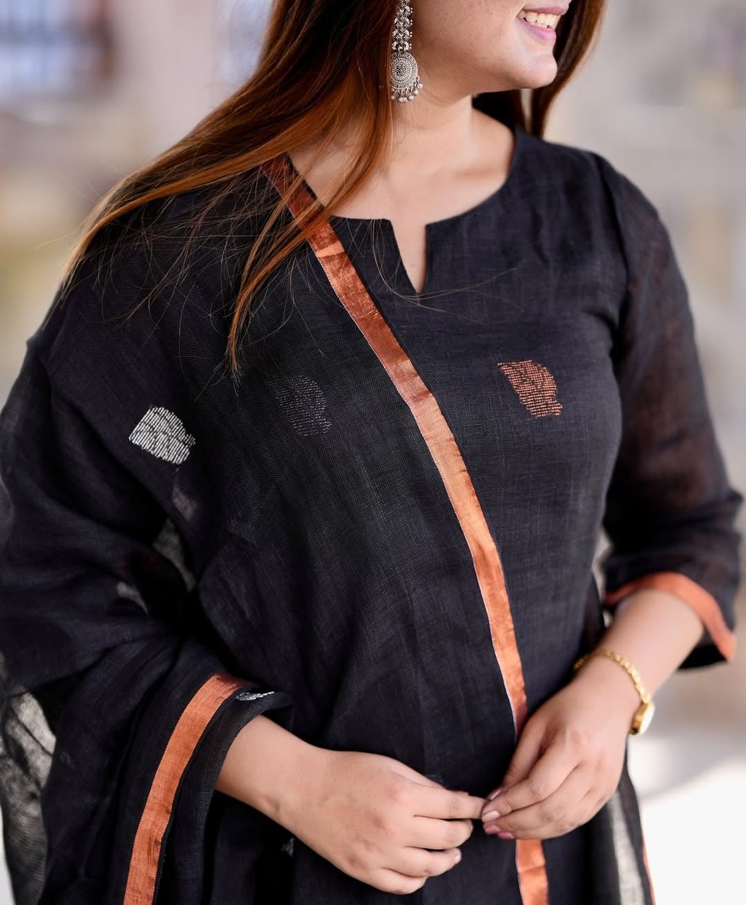 Elegant Black Handwoven Linen Jamdani Kurta Pant Set with Matching Dupatta