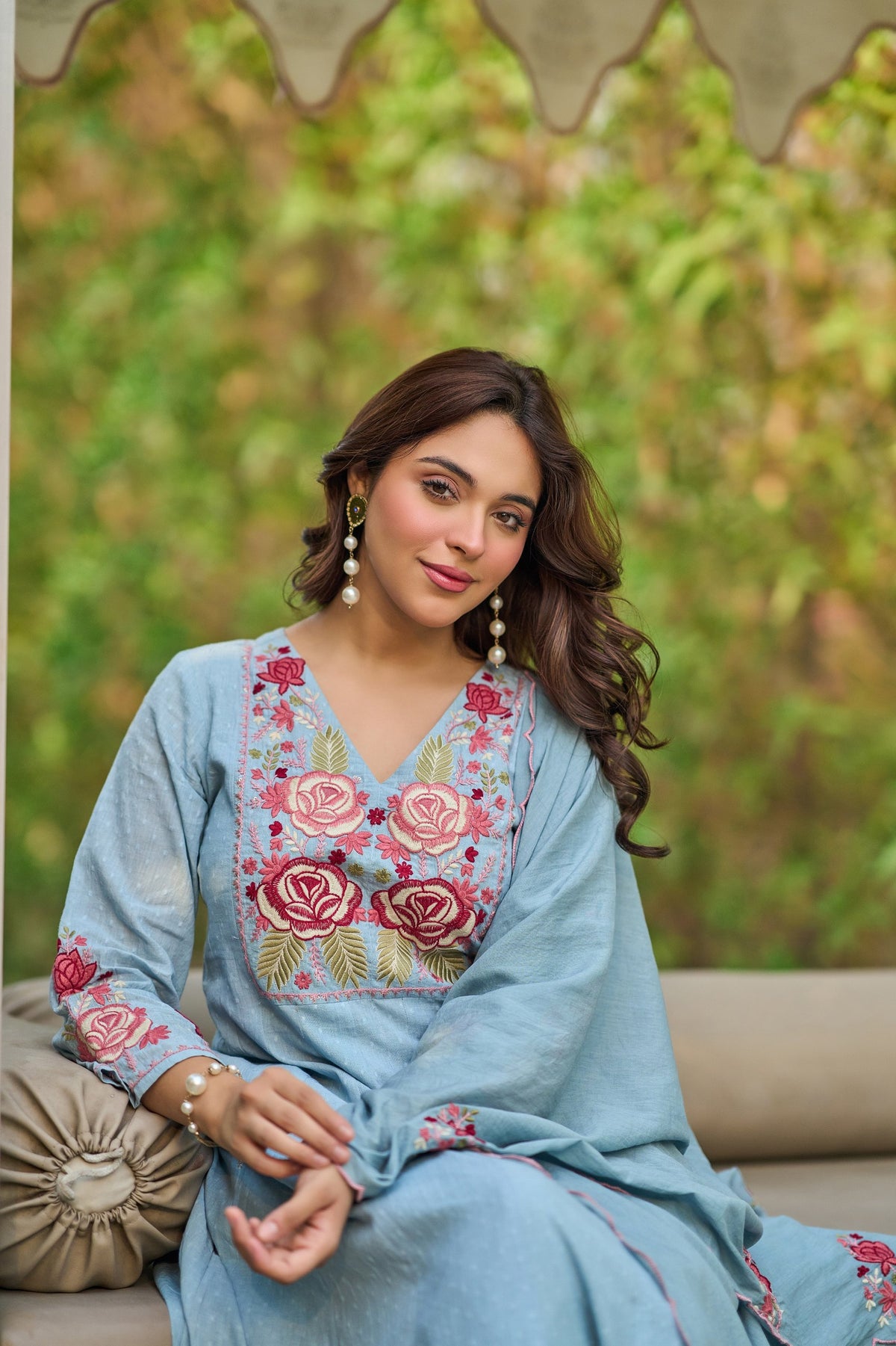 Sky Blue Cotton Crush Embroidered Anarkali Suit Set with Dupatta