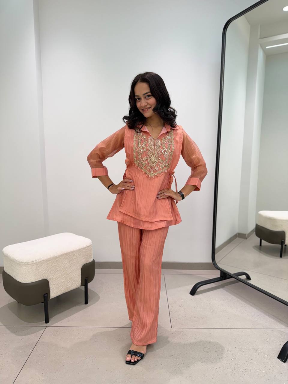 Peach Luxe Festive Co-Ord Set with Intricate Yoke Embroidery
