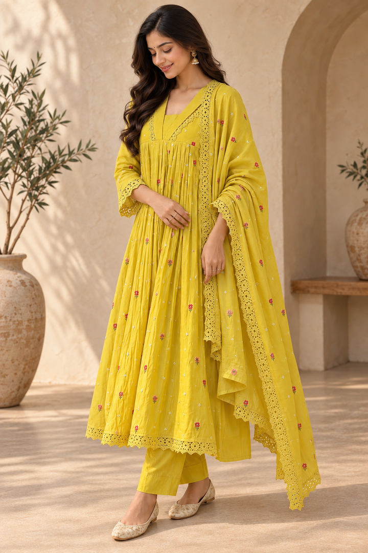 Women's Embroidered Anarkali Suit Set with Lace Dupatta