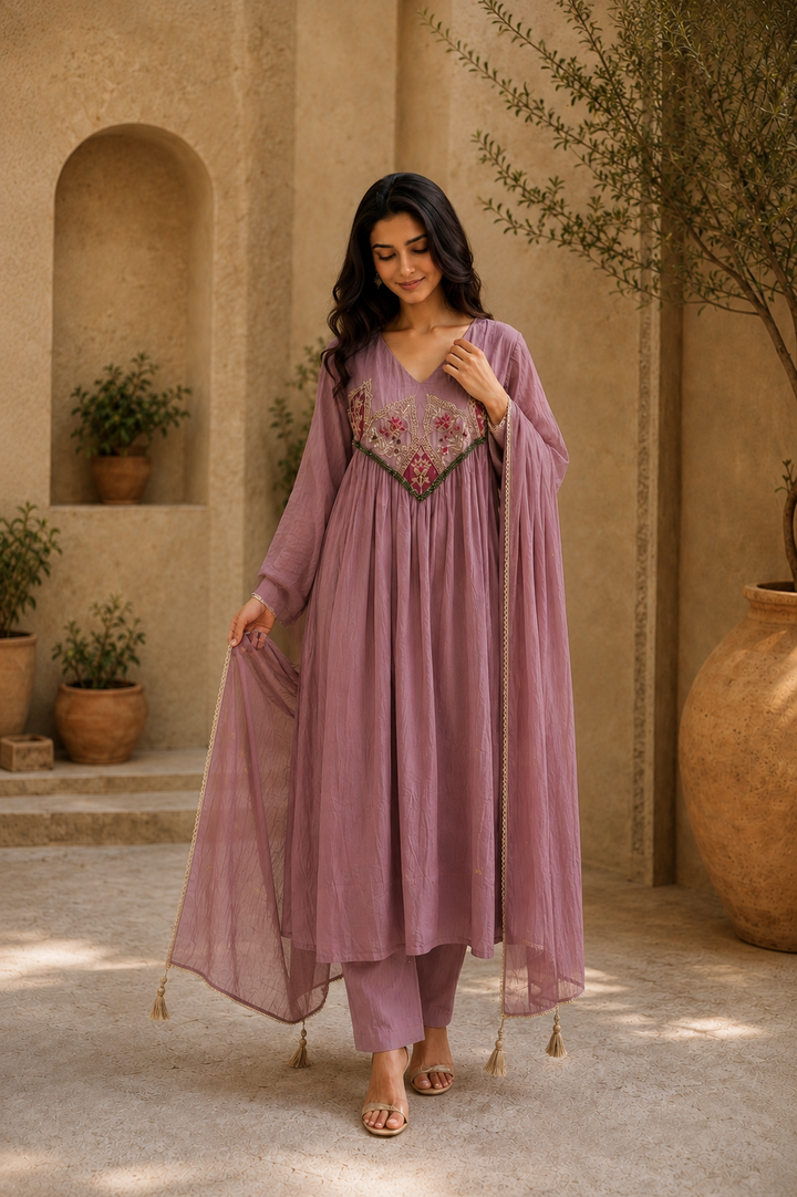 Embroidered Anarkali Suit Set with Dupatta