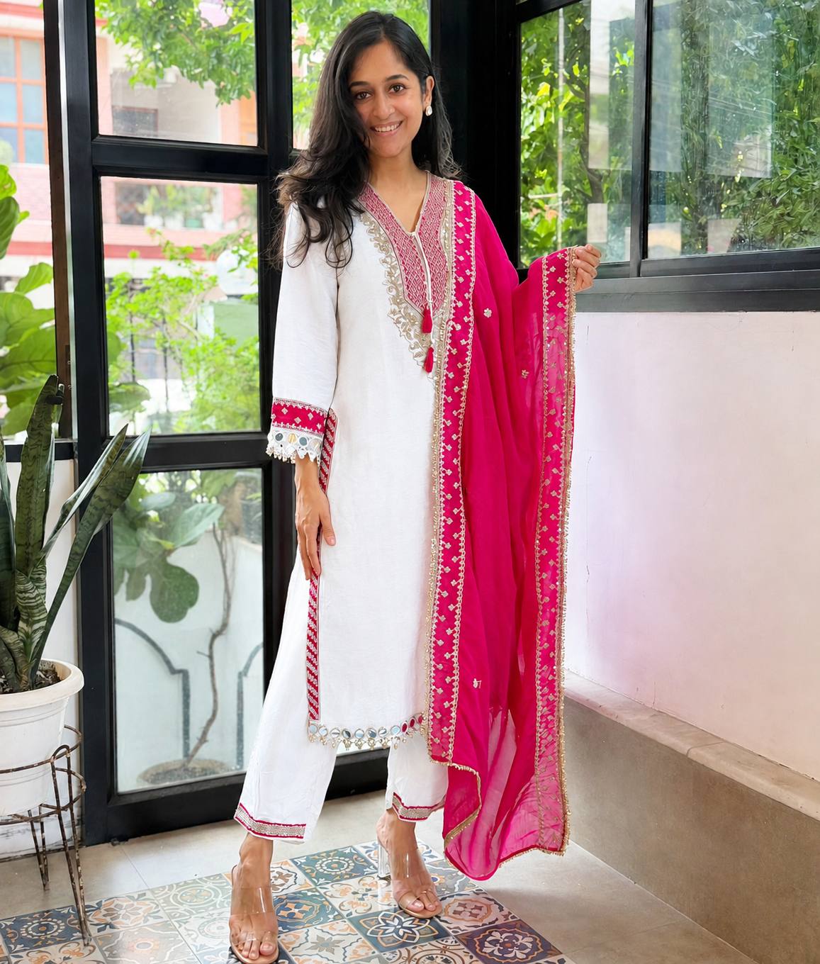 Elegant White Chinon Kurta Pant Set with Rani Pink Embroidered Dupatta – 3-Piece Festive Co-ord Set