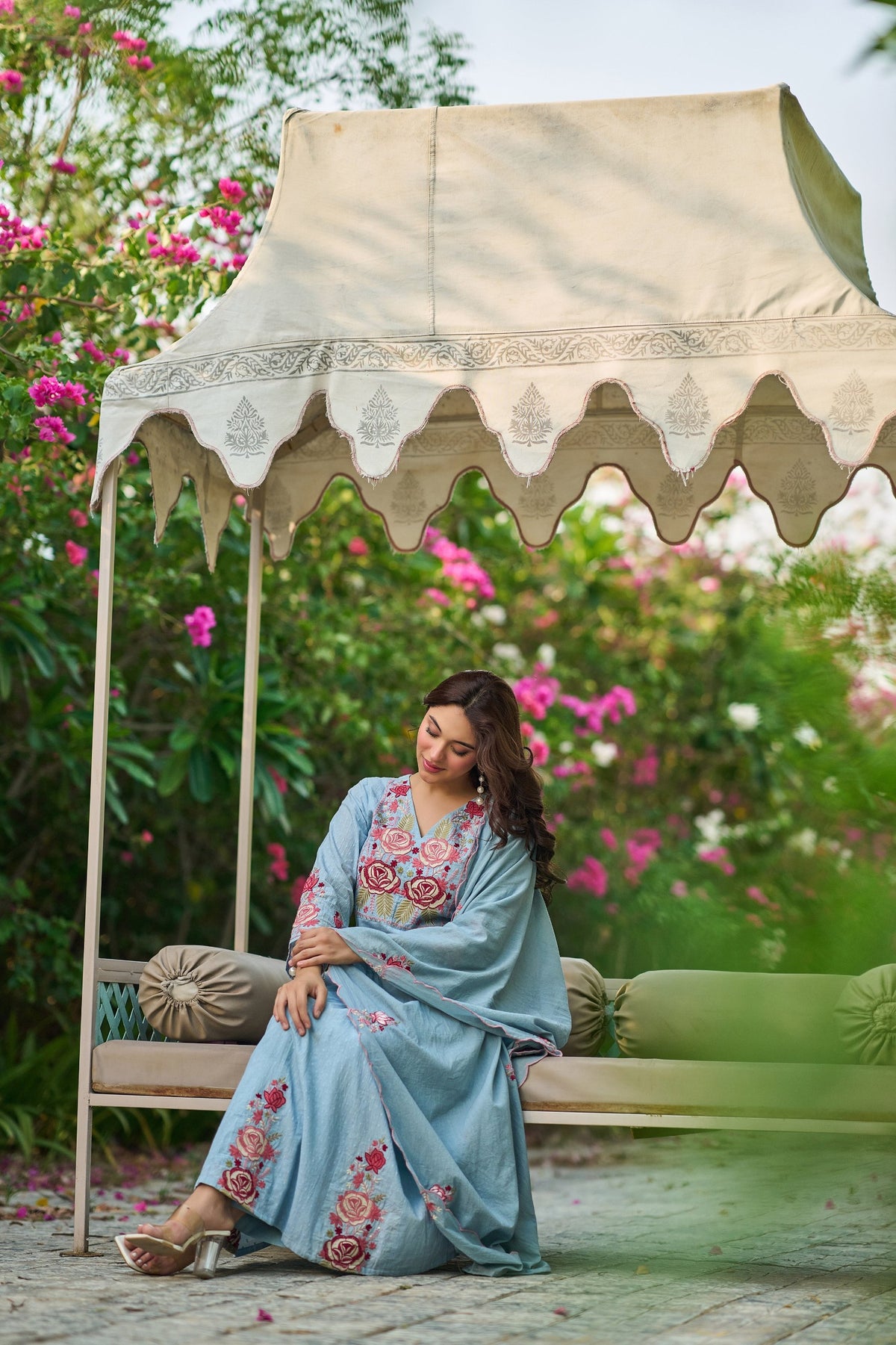 Sky Blue Cotton Crush Embroidered Anarkali Suit Set with Dupatta
