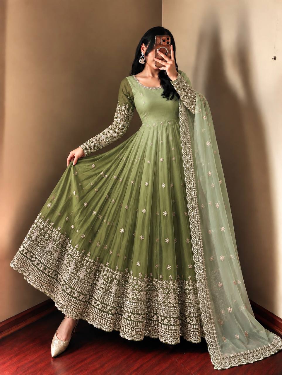 Elegant Olive Green Anarkali Gown with Intricate Zari Embroidery