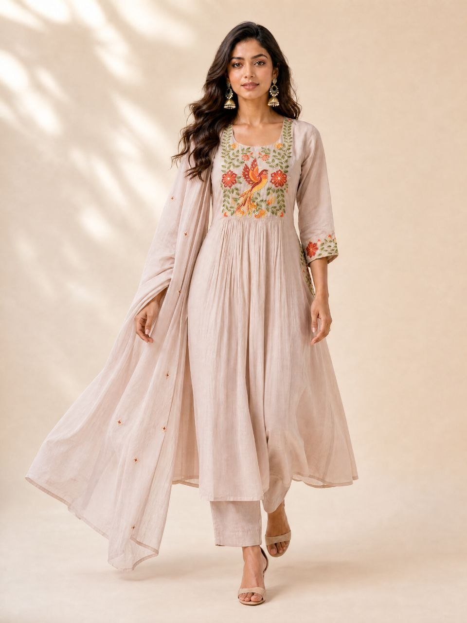 Elegant Beige Embroidered Anarkali Kurta Set with Dupatta & Pants