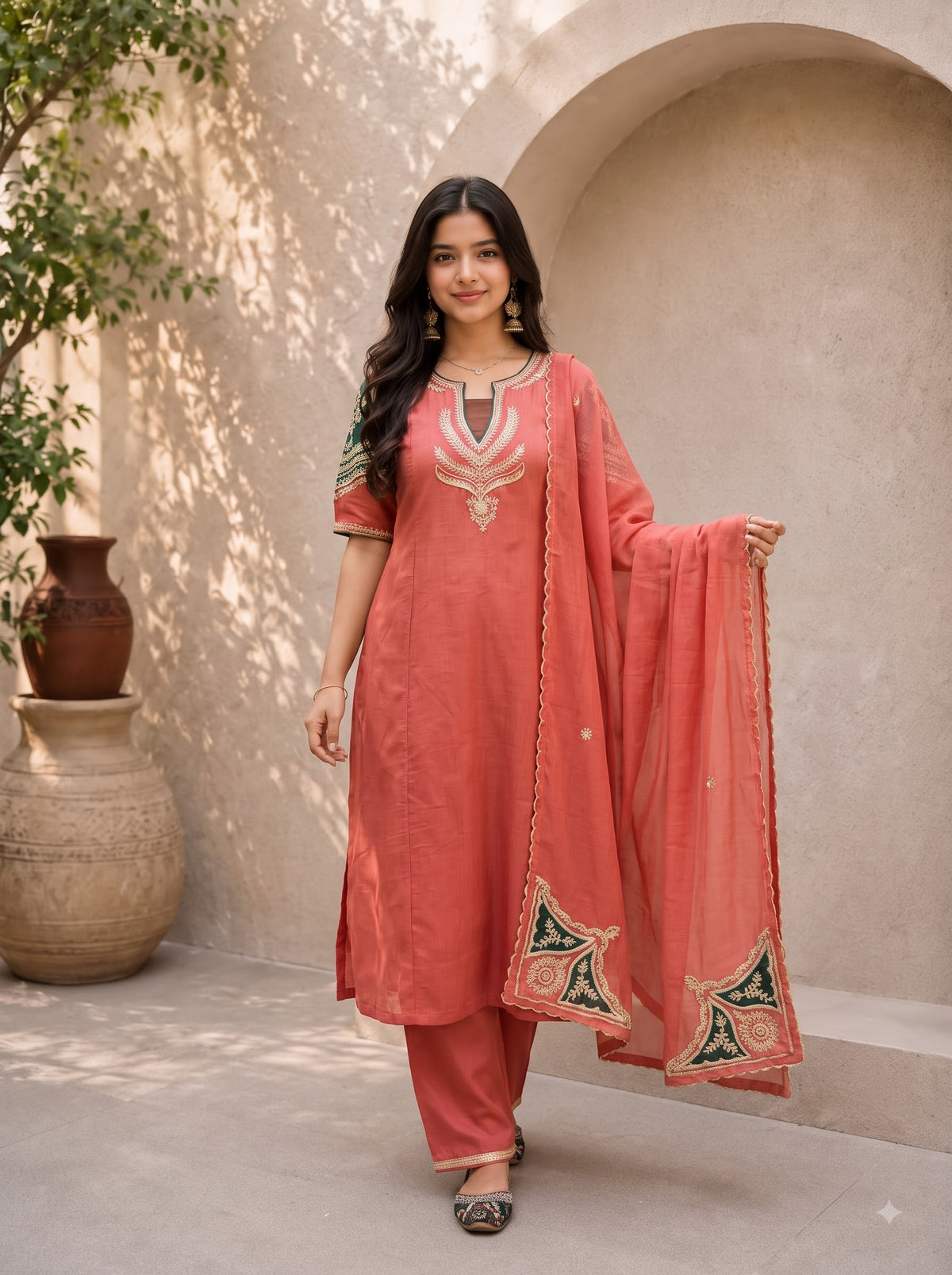 Elegant Coral Peach Chanderi Silk A-Line Kurta Pant Set with Matching Dupatta