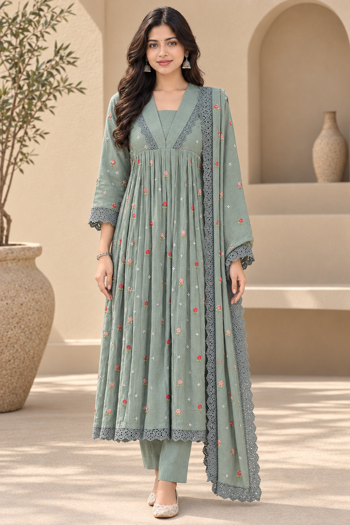 Women's Sage Green Embroidered Cotton Silk Anarkali Kurta Set with Pant & Dupatta