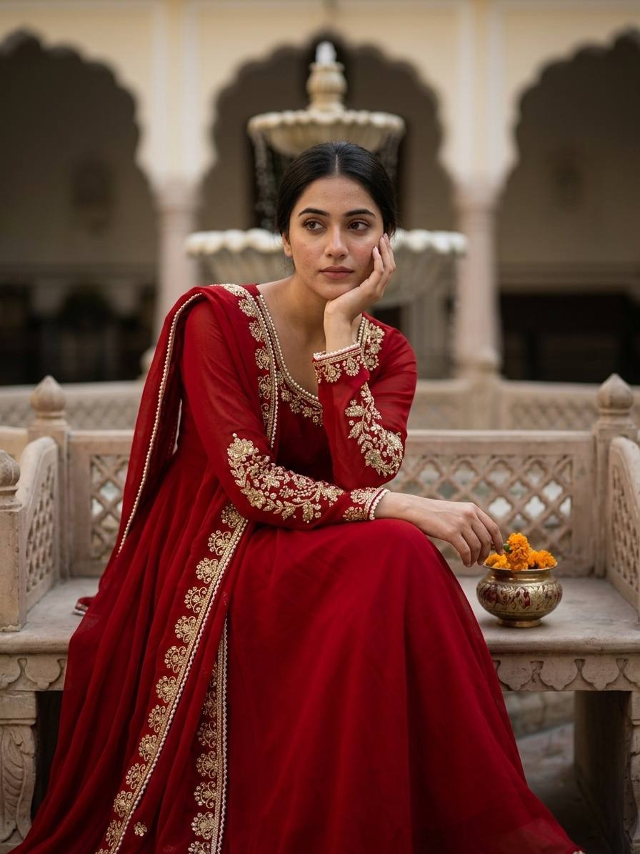 Regal Crimson Red Floor-Length Anarkali Suit Set with Intricate Gold Embroidery