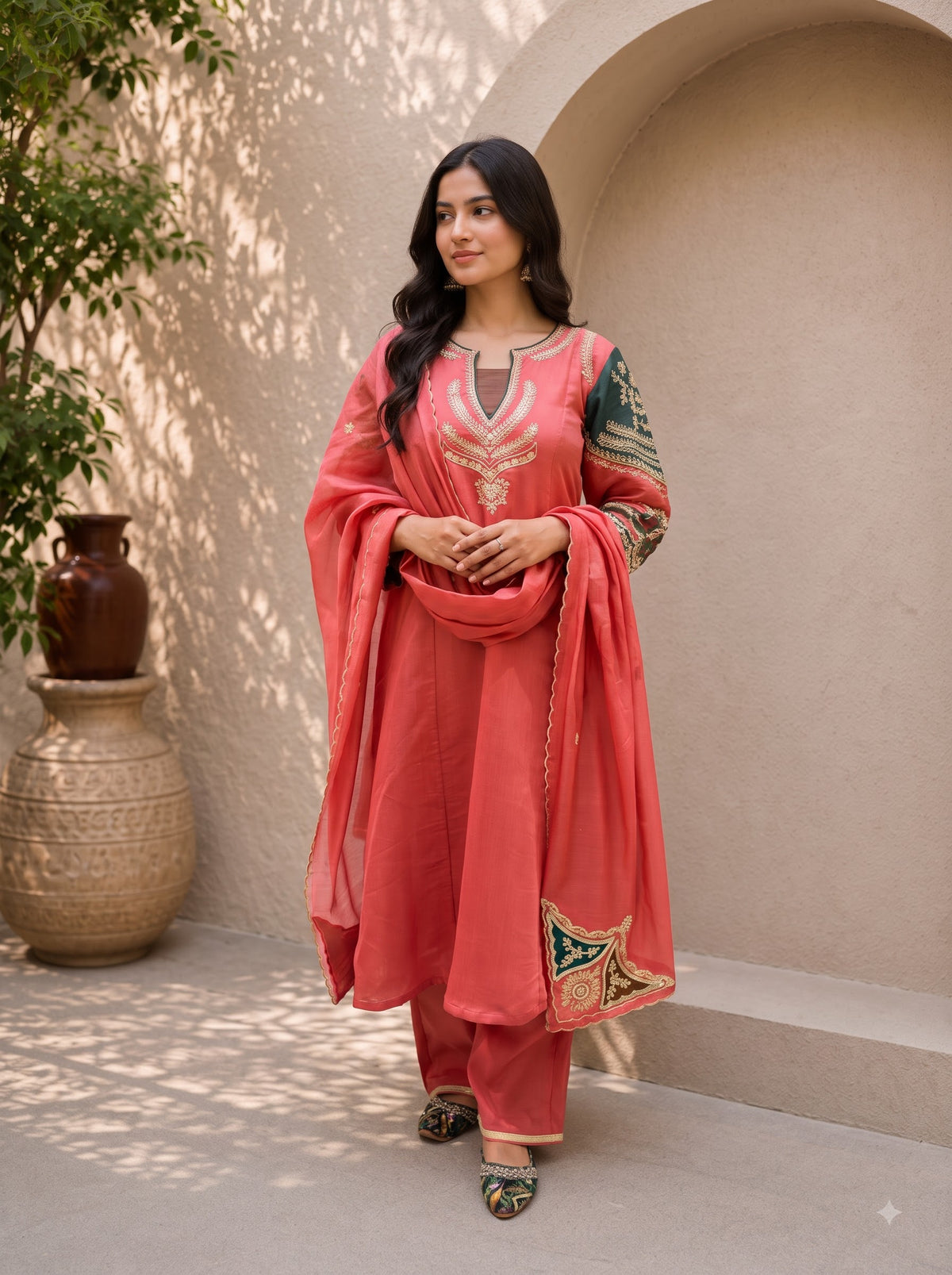 Elegant Coral Peach Chanderi Silk A-Line Kurta Pant Set with Matching Dupatta
