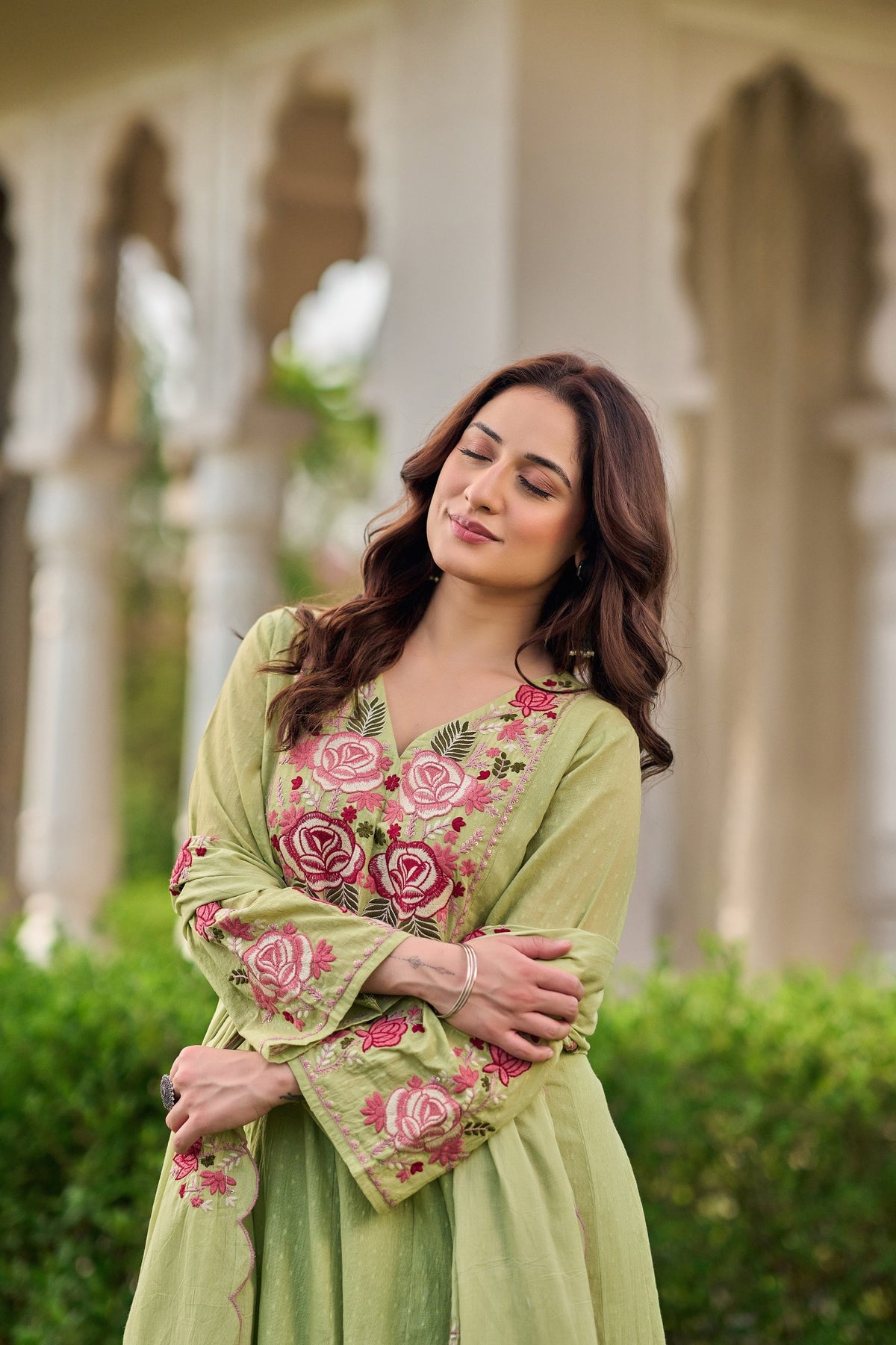 Elegant Sage Green Embroidered Anarkali Kurta Set with Dupatta (3-Piece Set)