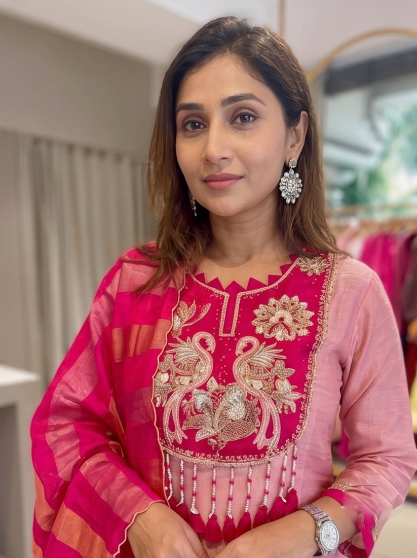 Elegant Pink Chanderi Silk Suit Set with Intricate Peacock Embroidery