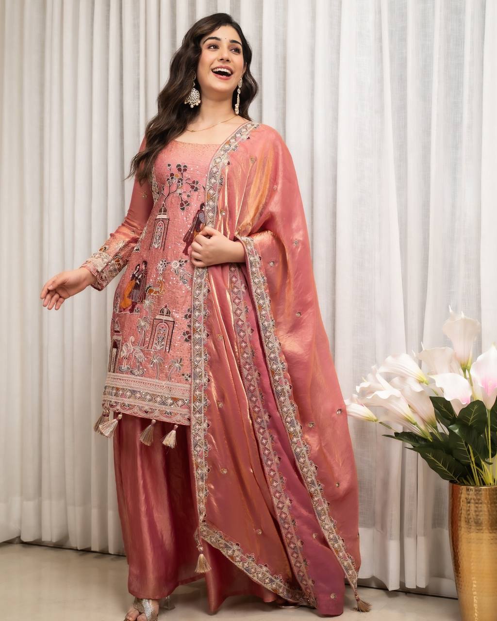 Elegant Peach-Pink & Embroidered Kurta Set with Silk Pants