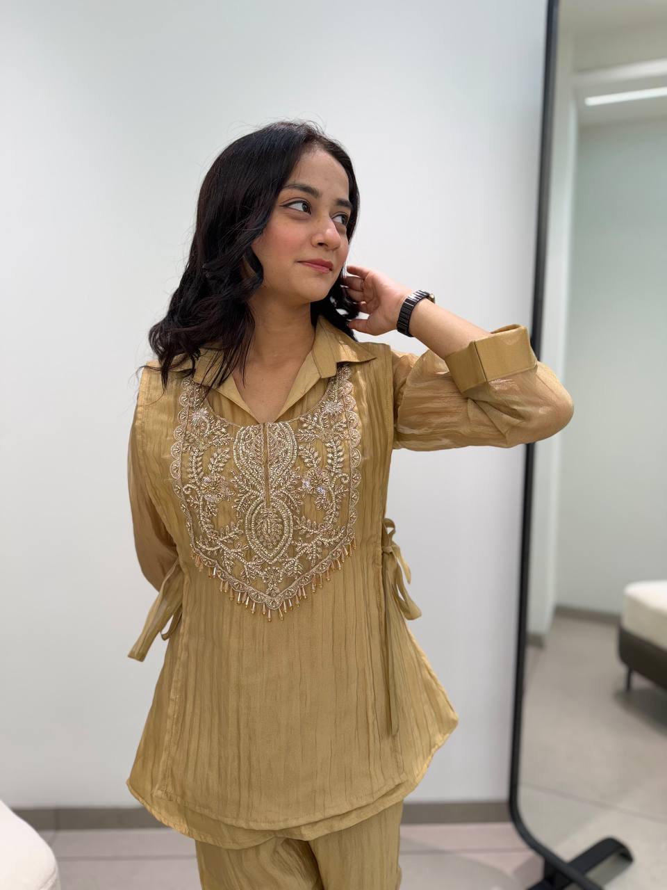 Elegant Golden Crushed Tissue Co-Ord Set with Heavy Embroidered Neckline