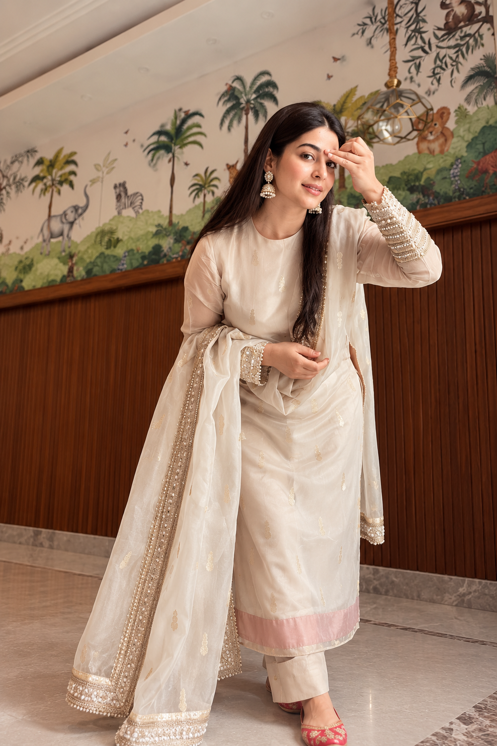 Ivory Gold Embroidered Straight Kurta Set with Dupatta for Women