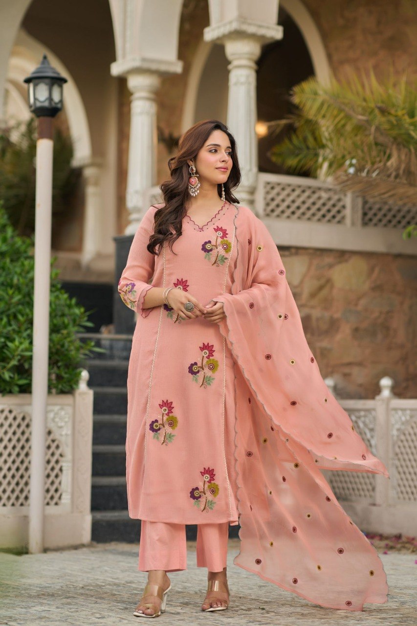 Elegant Peach Blush Floral Embroidered Kurta Set with Dupatta