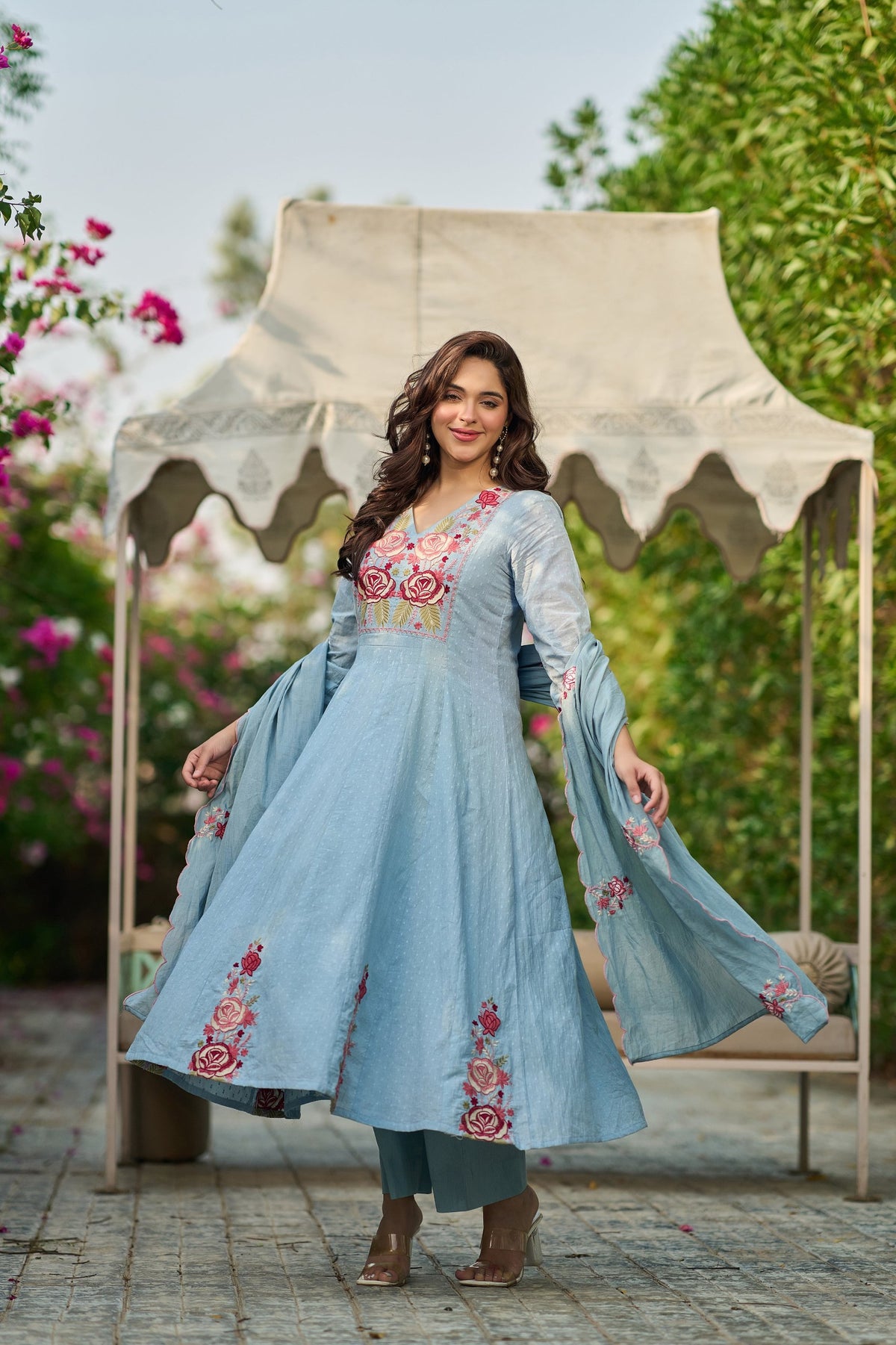 Sky Blue Cotton Crush Embroidered Anarkali Suit Set with Dupatta