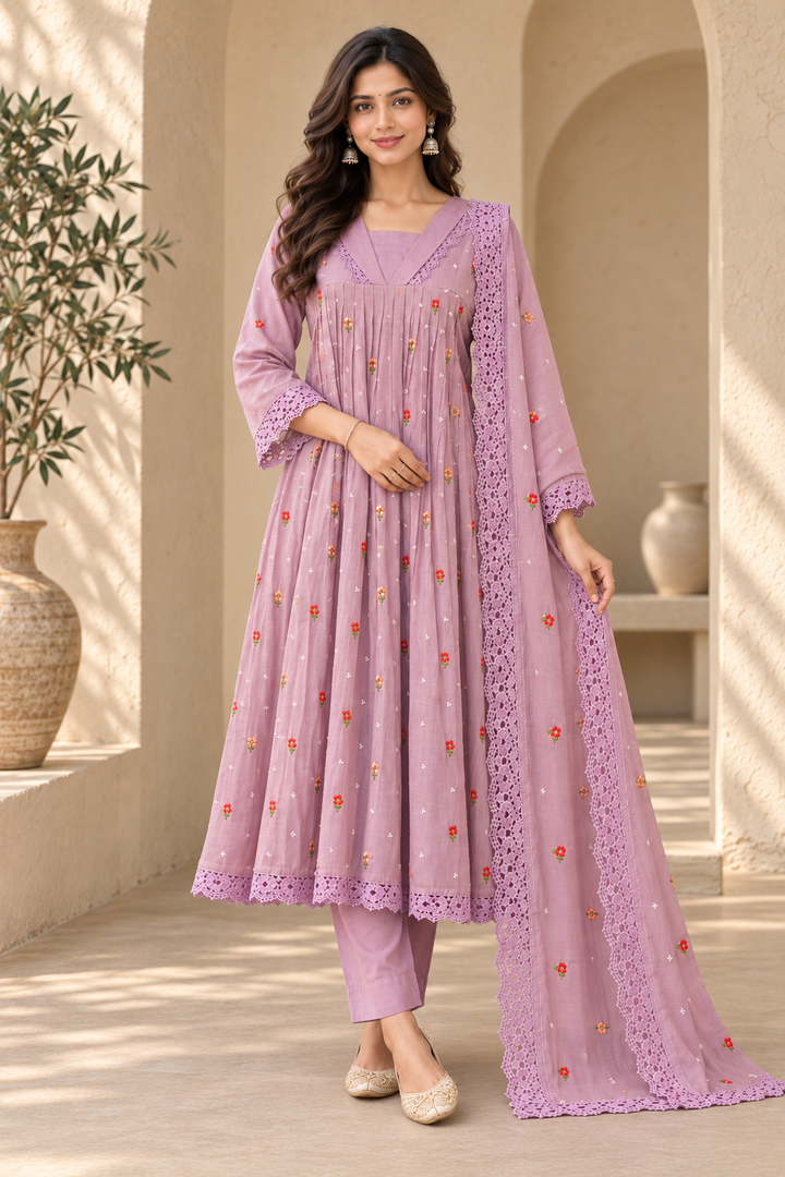 Mauve Pleated Anarkali Kurta with Trousers & Lace Dupatta