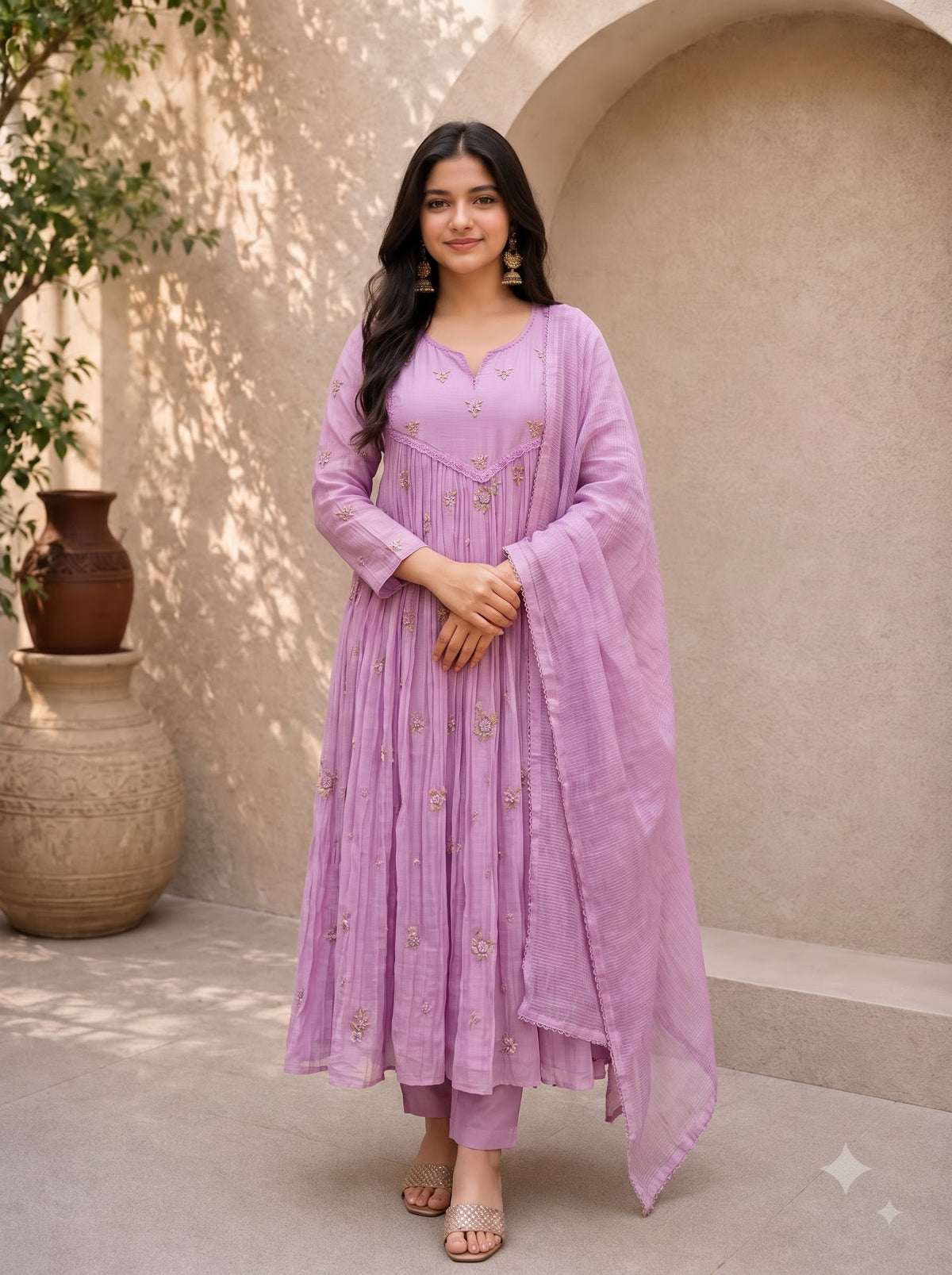 Lavender Chanderi Embroidered Anarkali Suit