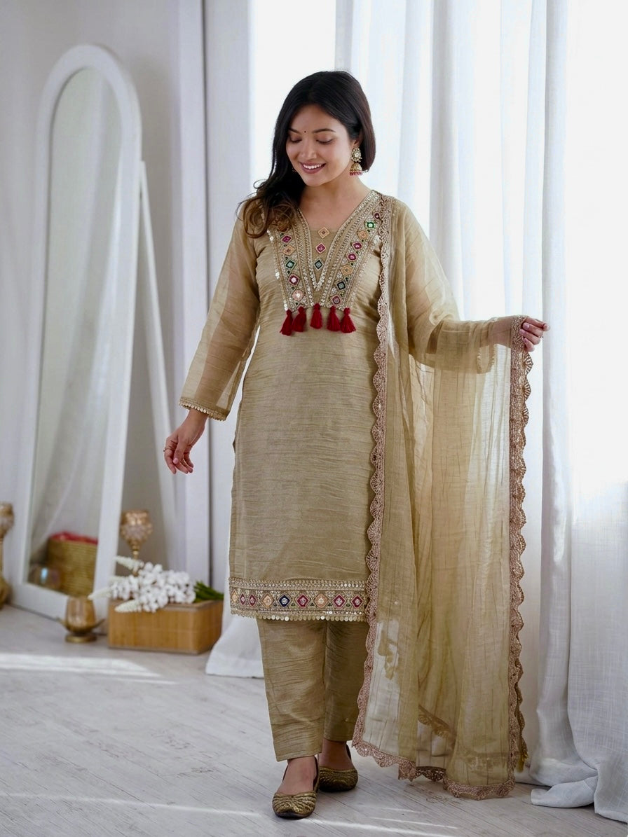 Radiant Olive Elegance: Embroidered Chanderi Kurta Set with Dupatta