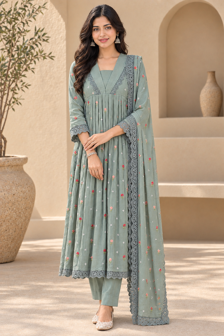 Women's Sage Green Embroidered Cotton Silk Anarkali Kurta Set with Pant & Dupatta