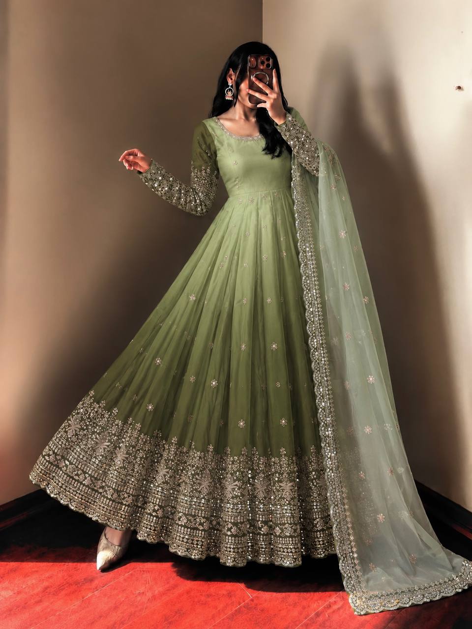 Elegant Olive Green Anarkali Gown with Intricate Zari Embroidery