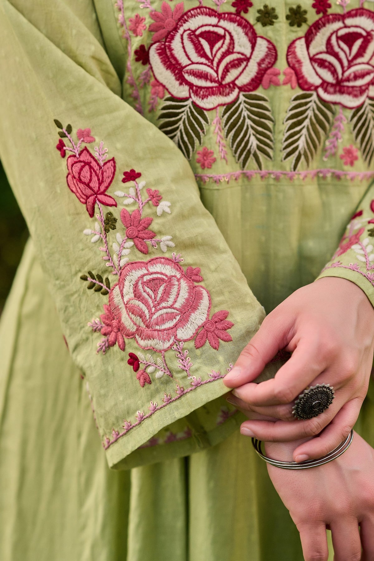 Elegant Sage Green Embroidered Anarkali Kurta Set with Dupatta (3-Piece Set)