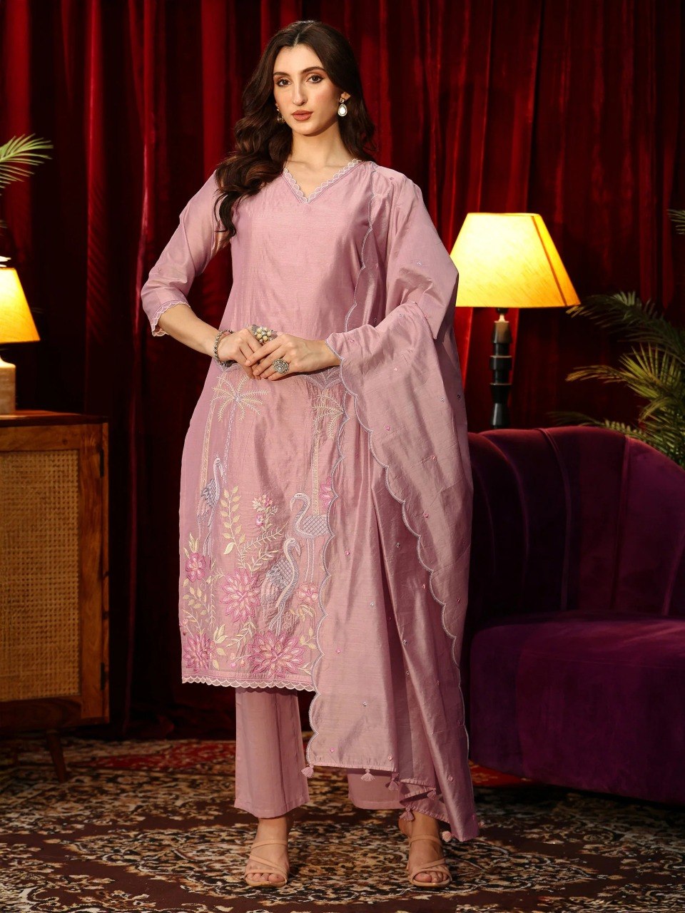 Dusty Pink Floral Embroidered Chanderi Silk Suit Set With Dupatta