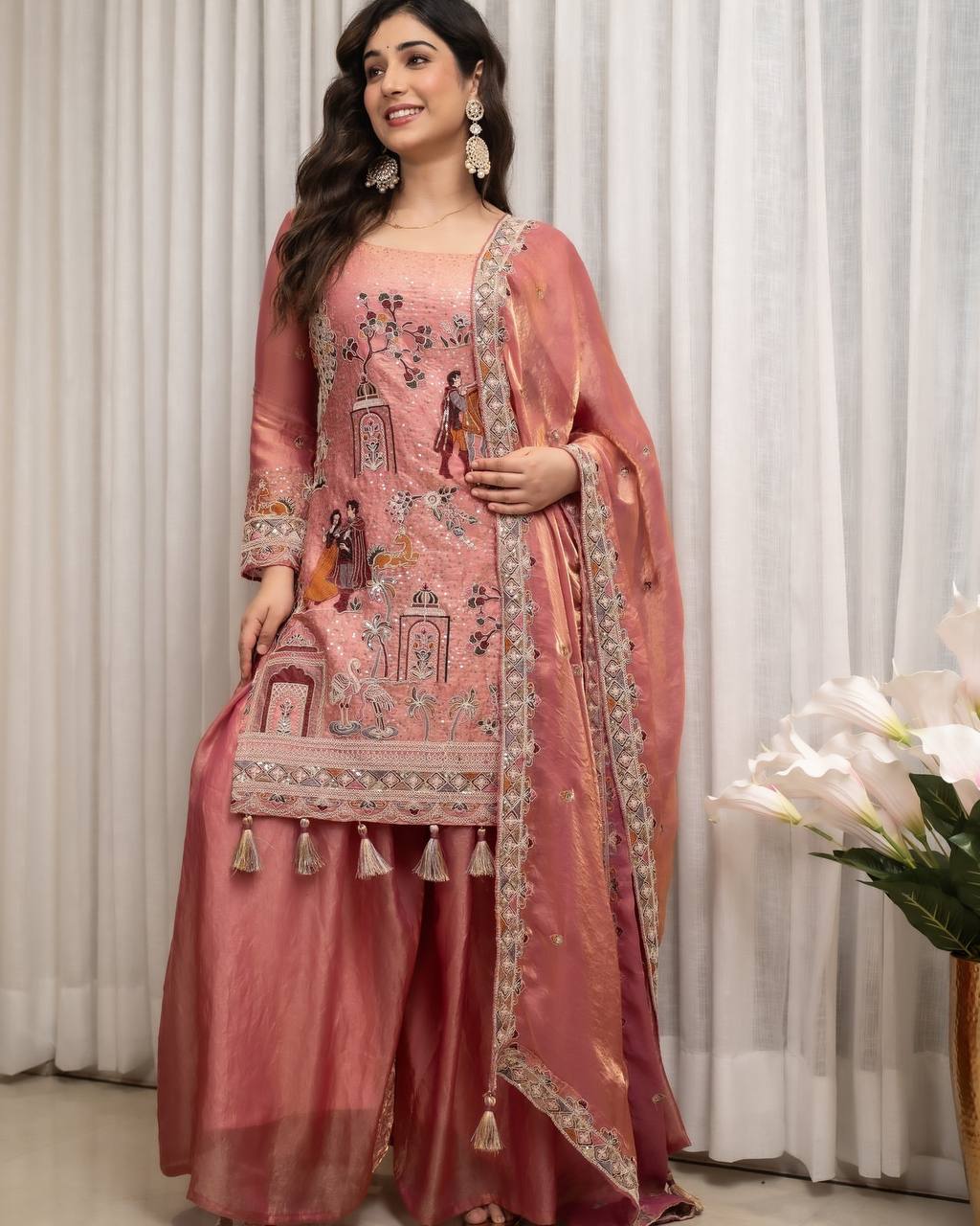Elegant Peach-Pink & Embroidered Kurta Set with Silk Pants