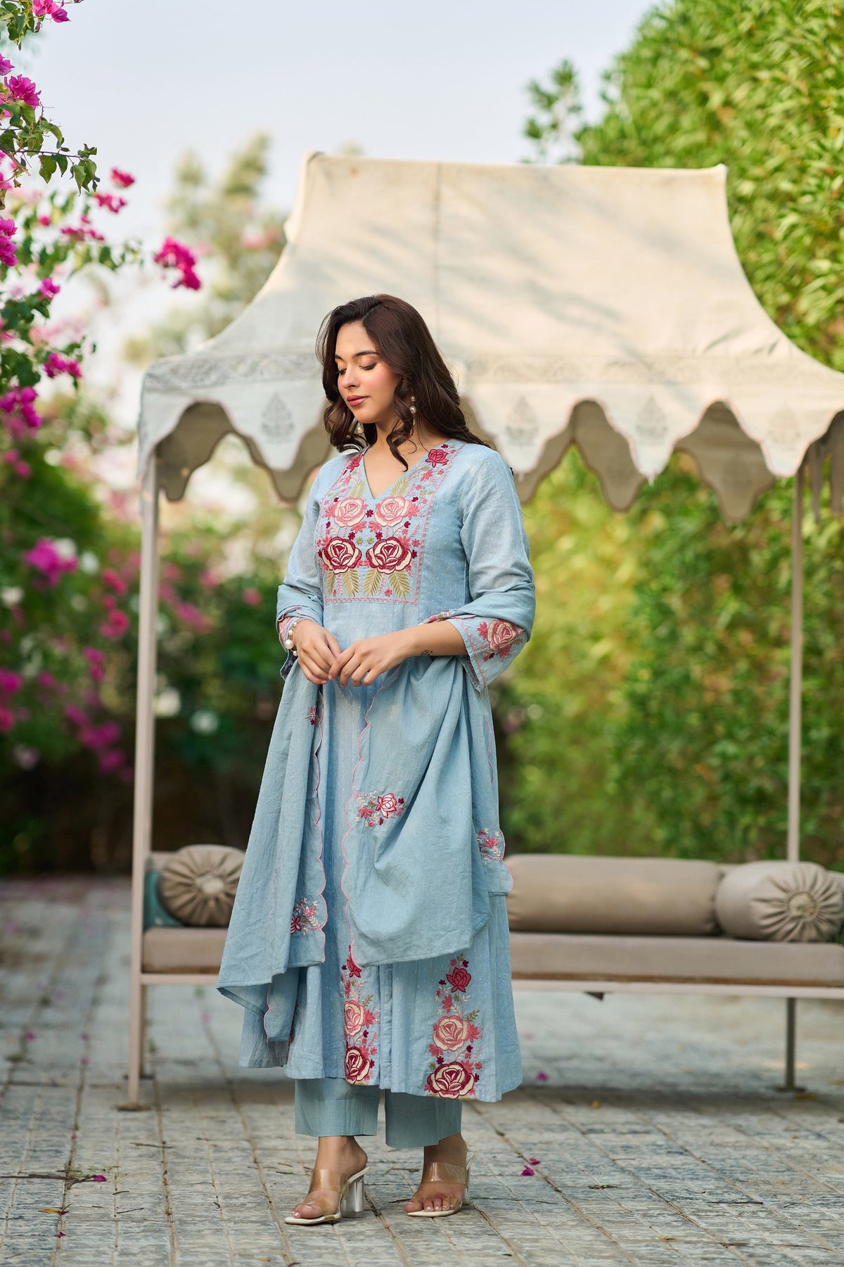 Sky Blue Cotton Crush Embroidered Anarkali Suit Set with Dupatta