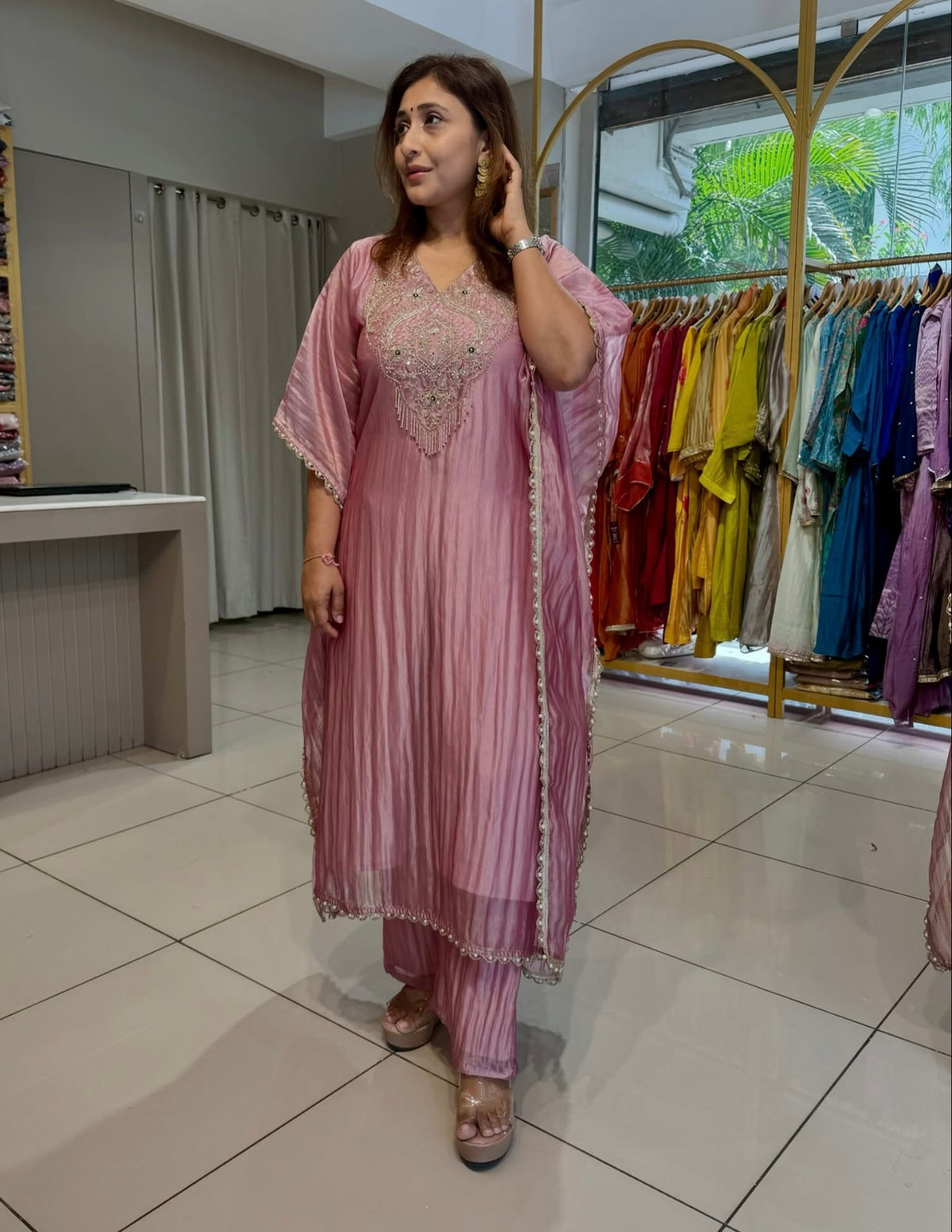 Premium Metallic Pink Glass Tissue Kaftan Set with Matching Pants