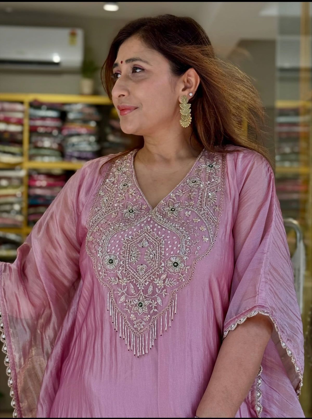 Premium Metallic Pink Glass Tissue Kaftan Set with Matching Pants