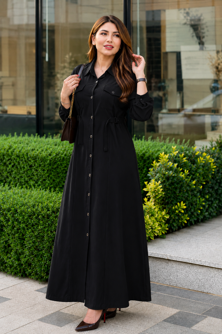 Elegant Western Maxi Dress for Women | Premium Button-Down Long Shirt Dress with Fabric Belt