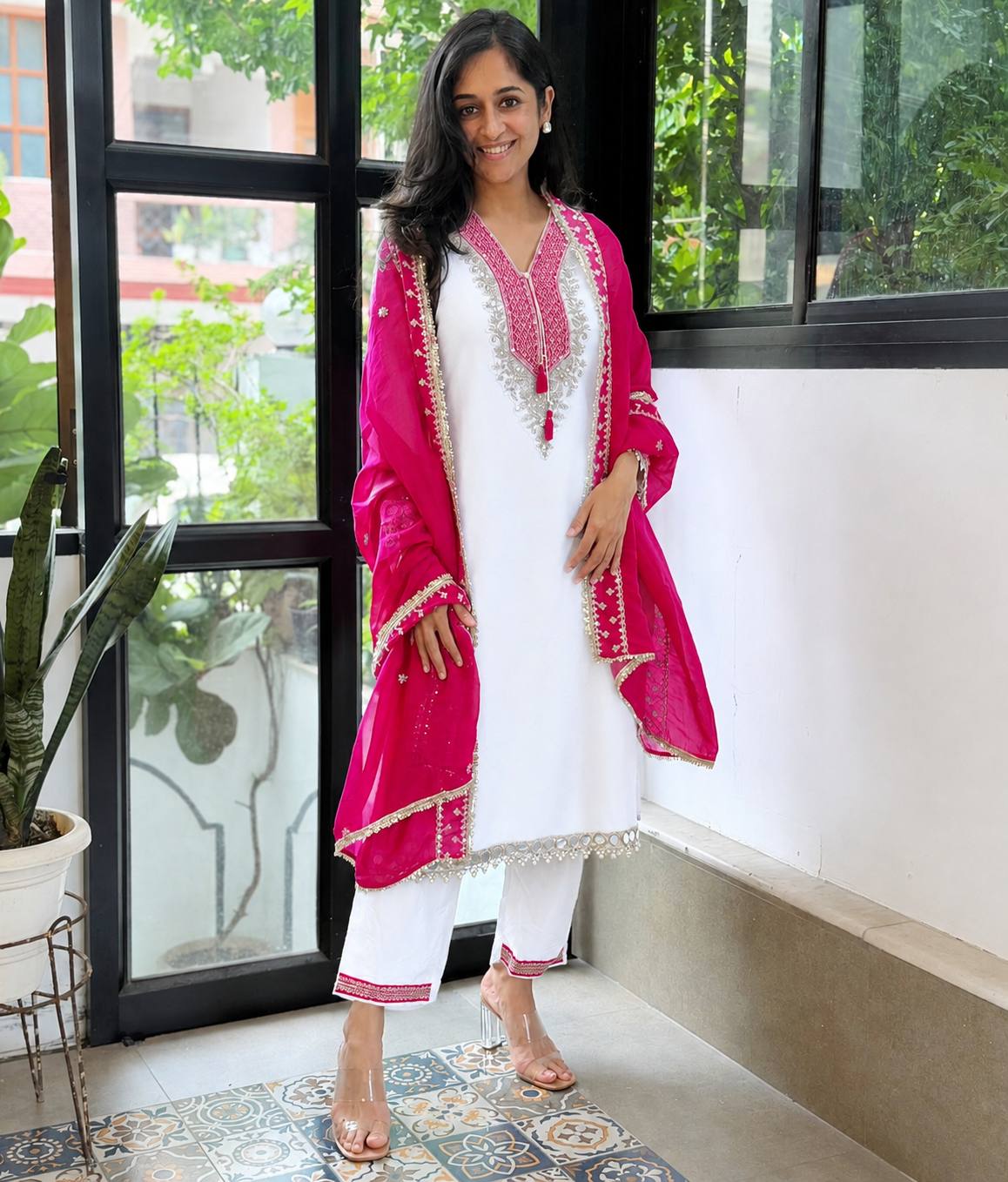 Elegant White Chinon Kurta Pant Set with Rani Pink Embroidered Dupatta – 3-Piece Festive Co-ord Set