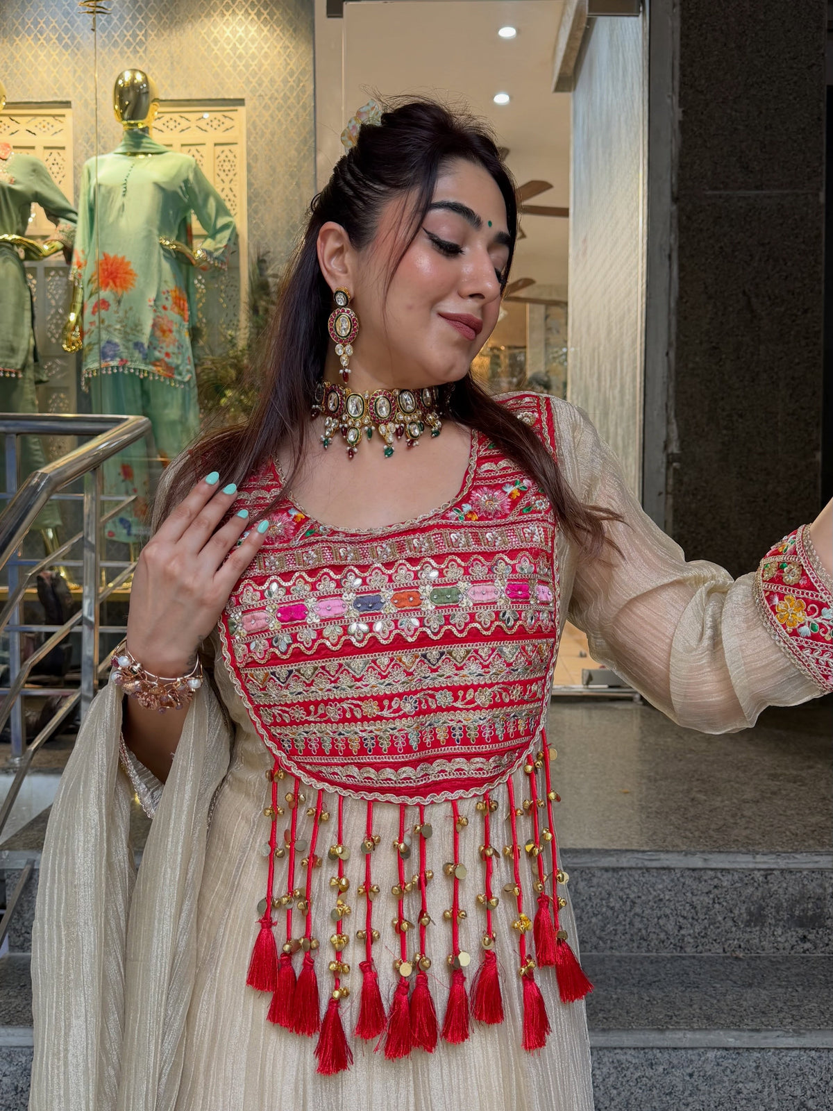 Royal Creamy Anarkali Kurta Set with Matching Dupatta