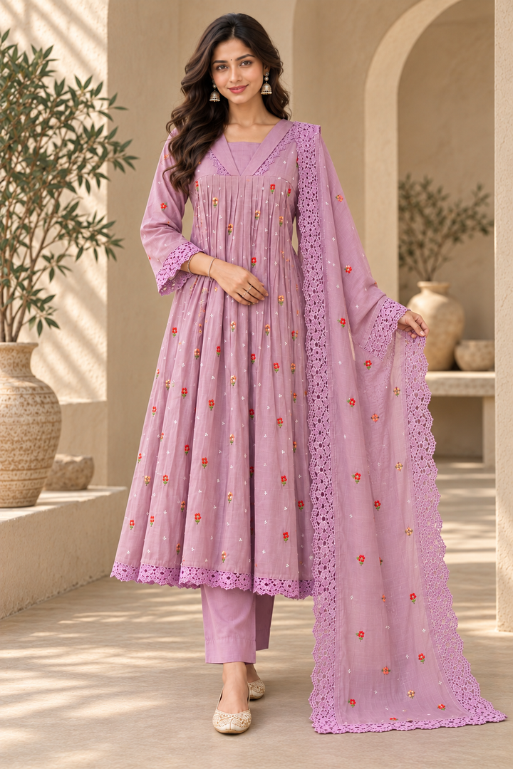 Mauve Pleated Anarkali Kurta with Trousers & Lace Dupatta