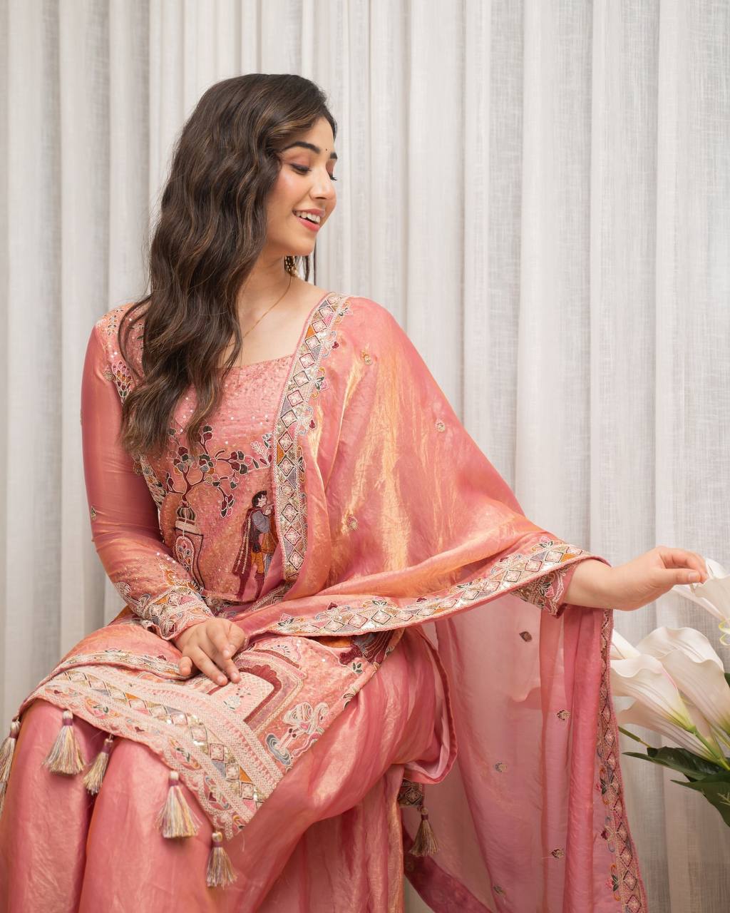 Elegant Peach-Pink & Embroidered Kurta Set with Silk Pants