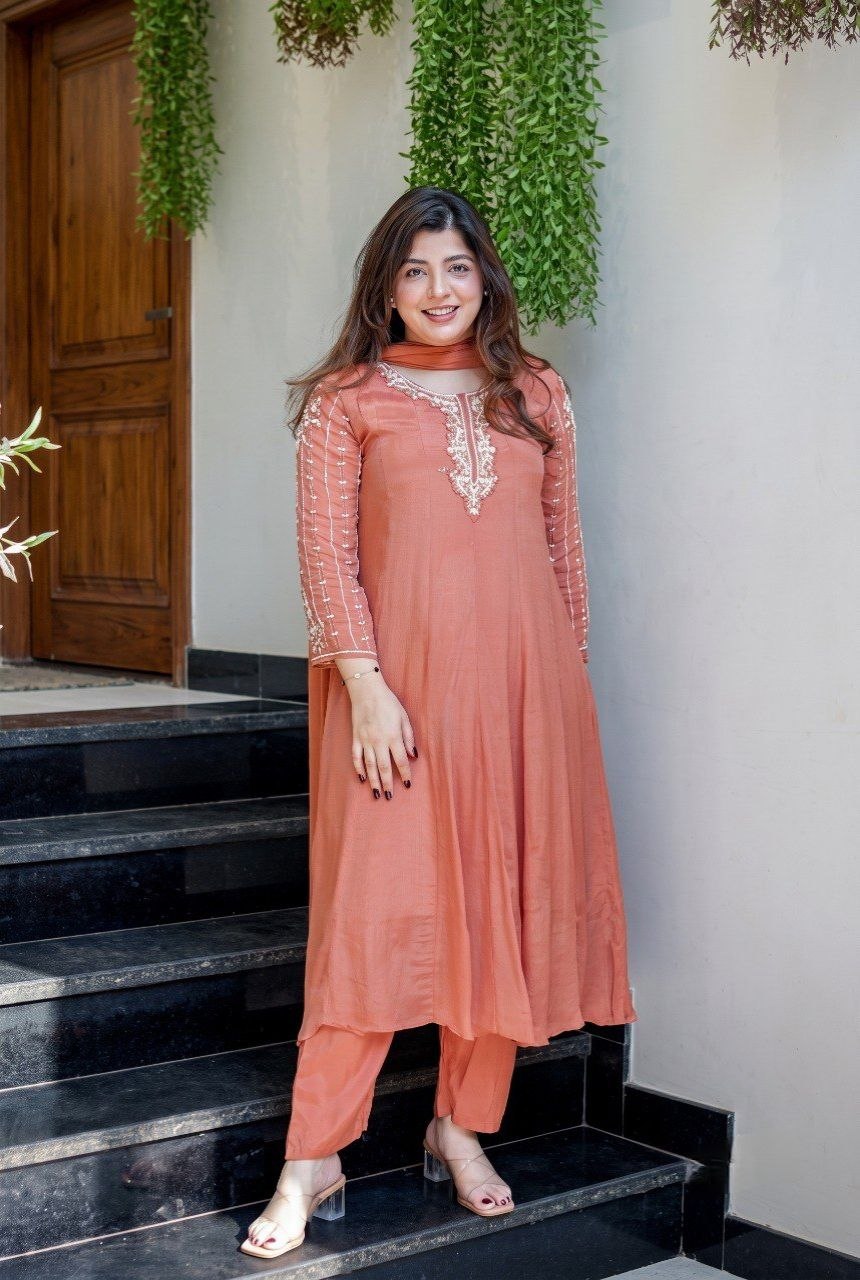 Elegant Peach Anarkali Kurta Set with Handcrafted Embroidery & Dupatta