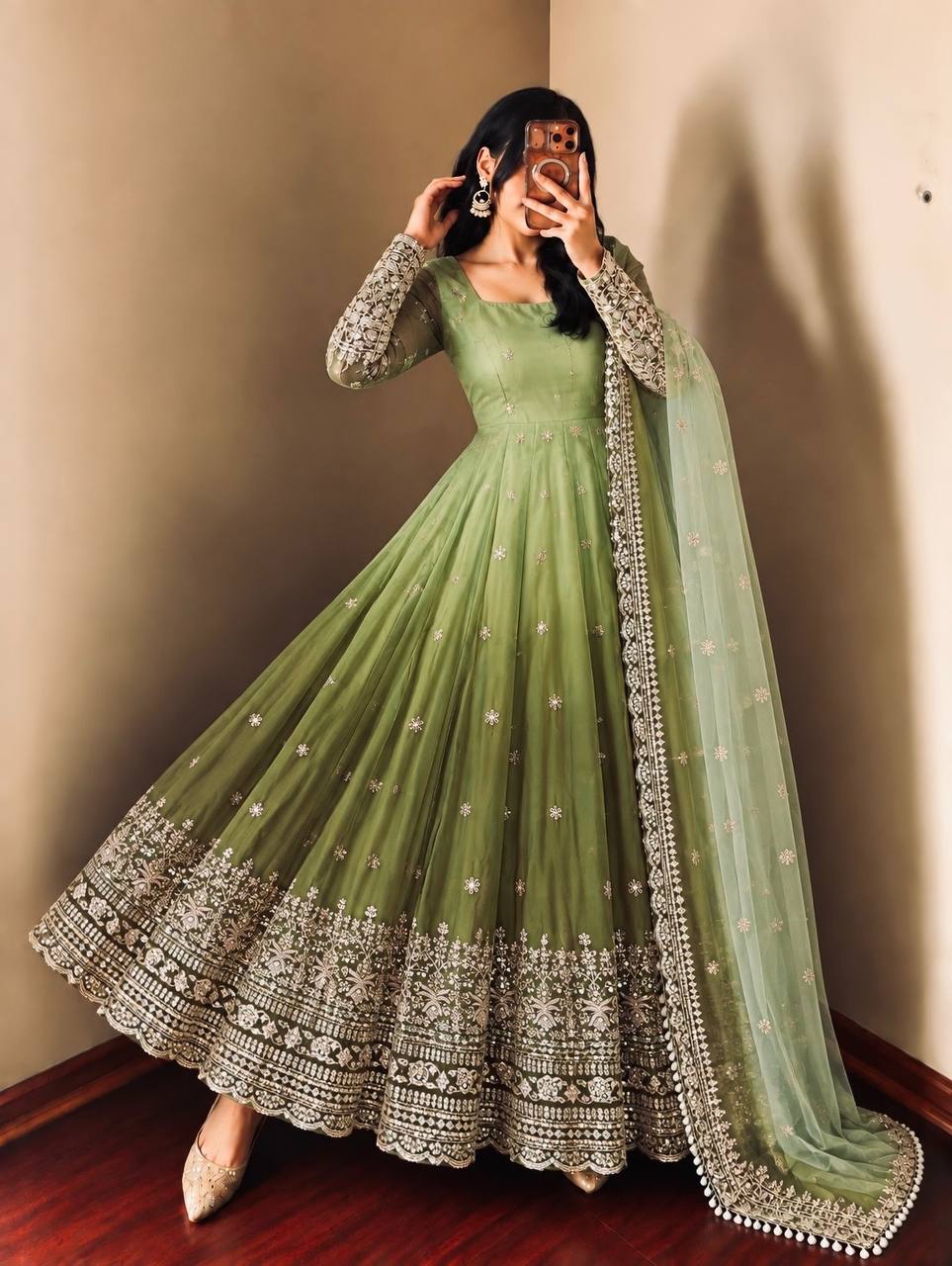 Elegant Olive Green Anarkali Gown with Intricate Zari Embroidery